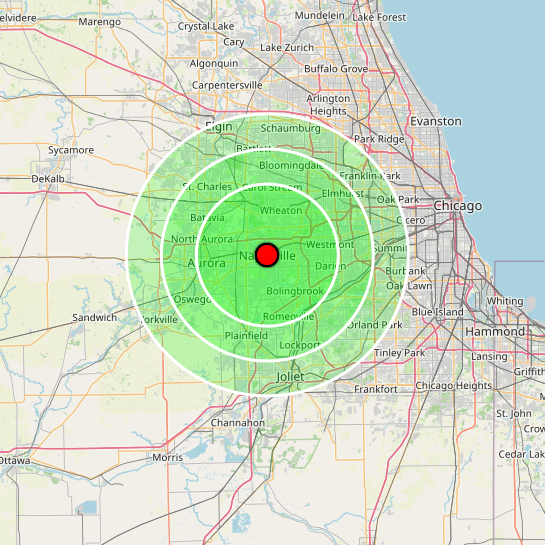 ADV Masonry service area map serving Naperville, Lisle, Aurora, Downers Grove, Plainfield, Wheaton, Elmhurst, Hinsdale, Lombard, and surrounding Chicago suburbs.