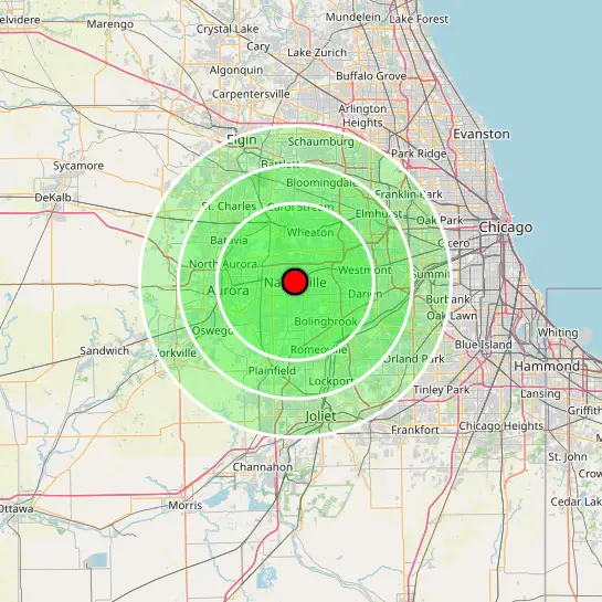 ADV Masonry service area map serving Naperville, Lisle, Aurora, Downers Grove, Plainfield, Wheaton, Elmhurst, Hinsdale, Lombard, and surrounding Chicago suburbs.